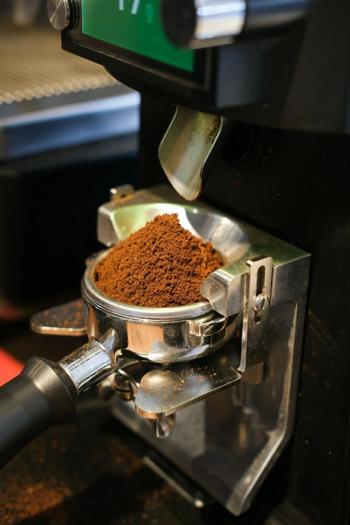 Freshly ground coffee beans in a portafilter